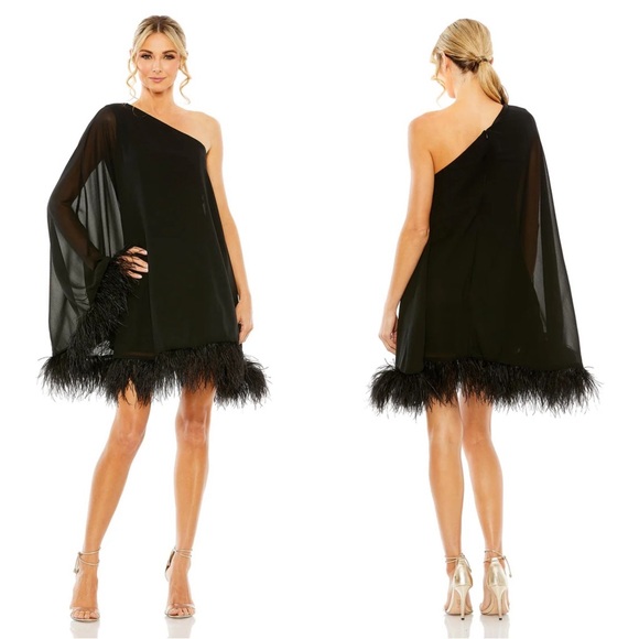 Mac Duggal 11623 One Shoulder Trapeze Dress With Feather Trim Size 14 NWT Black - Picture 1 of 5